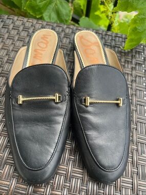 Sam Edelman Linnie Bit Mule Black Leather Slip-On Mules with Gold Bar Accent